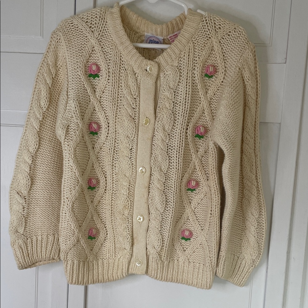 Vintage Mine Alone Cream Button-Up Sweater with Pink Floral Embroidery Sz4T